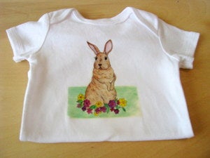 Image of Baby Bunny Rabbit with Flowers, One Piece Bodysuit, Short Sleeve, Baby,  Nursery