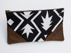 Image of -S O L D O U T- a large black+white graphic print zip clutch with leather corners + a METAL zipper