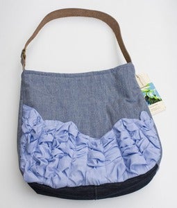 Image of - S O L D - a tough ruffles shoulder bag in slate blue + chambray