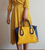 Image of Handmade Artisan Genuine Leather Women's Handbag Messenger Bag Shoulder Bag - Yellow with Blue (m57)