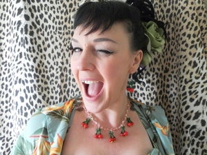 Image of Vintage Style Glass Cherry Necklace Pale Rose Glass Beads Cherries Fruit Rockabilly 50s Burlesque...