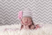 Image of Earflap Beanie in Stone and White stripes with Baby Pink flower (6 Sizes available)