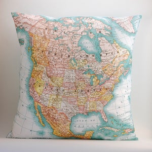 Image of Vintage NORTH AMERICA Map Pillow, Made to Order 18" x18" Cover