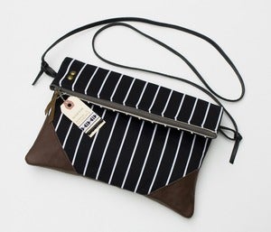 Image of -S O L D O U T- foldover clutch in black + white stripe with a removable strap!