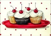 Image of vintage bakery inspired cherry topped cupcakes matted print