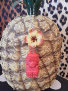 Image of Bright Red Tiki Polynesian Flower Rockabilly Necklace