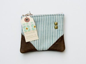 Image of -S O L D O U T- small aqua + cream striped zip pouch with leather corners and a METAL zipper