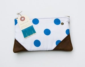 Image of SOLD OUT- small bright blue+white polka dot print zipper purse with leather corners