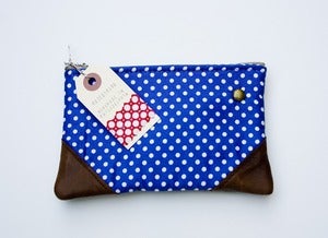 Image of -S O L D- a small royal+white small polka dot print zipper purse w leather corners + METAL zipper