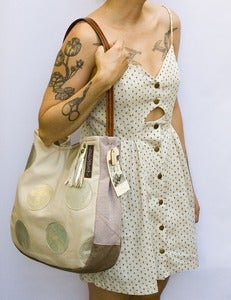 Image of ---S O L D-- ONE OF A KIND! large shoulder bag with hand cut oversized GOLD polka dots (a)