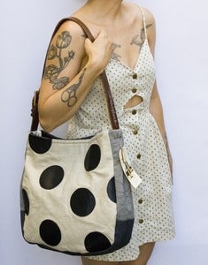 Image of --S O L D-- ONE OF A KIND! large shoulder bag with hand cut oversized black polka dots