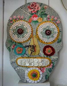 Image of "Time Will Tell" Sugar Skull Lino  Clock