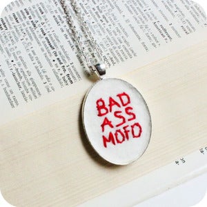 Image of Bad Ass Mofo Necklace hand embroidered red white silver plated