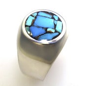 Image of Unique, Custom, Heavy Weight Sterling Silver Ring with Round Turquoise Mosaic Inlay