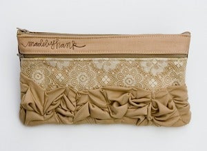 Image of - S O L D - a tough ruffles zip clutch a-go-go in vintage lace + beige (b)