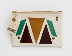 Image of - S O L D- large zipper pouch with geometric leather appliques and a metal zipper (b)