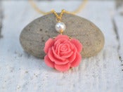 Image of Coral Rose White Pearl Bridal Necklace in Gold - NC008