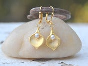 Image of Gold Calla Lily and White Swarovski Pearl Dangle Bridal Earrings - EFA017