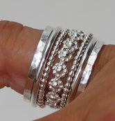 Image of Set of Stacking Rings Sterling Silver Bold Band of Daisy Flowers Between Dotted & Hammered Bands