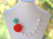Image of Bright Red and Turquoise Rose Asymmetrical Pearl Statement Bridesmaid Necklace - NA002