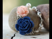 Image of Navy Blue Rose and Light Pink Rose and White Swarovski Pearl Asymmetrical Beaded Necklace - NA005