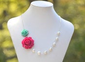 Image of Fuchsia Rose and Turquoise Rose Necklace Asymmetrical Bridesmaid Necklace - NA006
