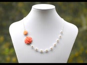 Image of Dainty Coral and Peach Floral Asymmetrical Bridesmaids Necklace with White Swarovski Pearls - NA009