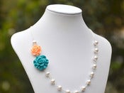 Image of Teal and Peach Rose Asymmetrical Bridesmaids Necklace with White Swarovski Pearls - NA012