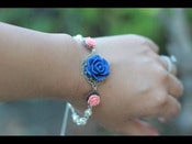 Image of Navy Blue Rose and Coral Pink Roses Bracelet with Ivory Swarovski Pearls - BF002
