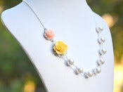 Image of Canary Yellow & Soft Pink Rose Asymmetrical Bridesmaids Necklace w/ Large Swarovski Pearls - NA014