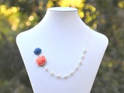 Image of Dainty Coral & Navy Blue Floral Asymmetrical Bridesmaids Necklace w/ White Swarovski Pearls - NA015