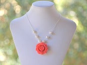 Image of Coral Rose Bridesmaid Choker Statement Necklace w/ White Swarovski Pearls - NC007