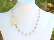 Image of Glossy Ivory Rose Asymmetrical Necklace with Vintage Gold Swarovski Pearls - NA021
