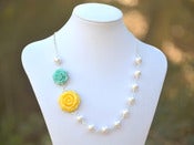 Image of Yellow Rose and Aqua Rose and Large White Swarovski Pearl Asymmetrical Beaded Necklace - NA022