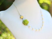 Image of Precious Wasabi Green and Pale Yellow Lotus Asymmetrical Necklace w/ White Swarovski Pearls - NA023