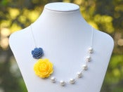 Image of Yellow Rose and Navy Blue Rose Asymmetrical Necklace with White Swarovski Pearls - NA026