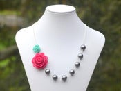 Image of Fuchsia Rose and Aqua Rose Asymmetrical Necklace with Large Grey Swarovski Pearls - NA028