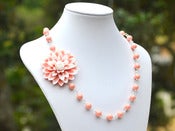 Image of Large Pink and White Flower Asymmetrical Necklace with Coral Pink Swarovski Pearls - NA037