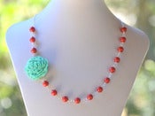 Image of Turquoise Carnation Flower and Coral Red Swarovski Pearl Asymmetrical Statement Necklace - NA038