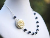 Image of Vintage Style Ivory Rose Cabochon and Navy Blue Swarovski Pearl Asymmetrical Necklace - NA040