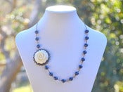 Image of Vintage Style Ivory Rose and Navy Blue Pearl Asymmetrical Necklace in Antique Brass - NA043