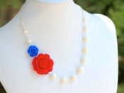 Image of Bright Red Rose and Blue Rose Asymmetrical Necklace with Milk White Swarovski Pearls - NA048
