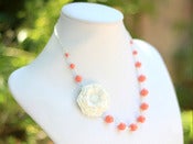 Image of Stark White Flower and Coral Swarovski Pearl Asymmetrical Necklace - NA049