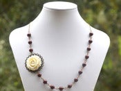Image of Vintage Style Ivory Rose and Burgundy Swarovski Pearl Asymmetrical Necklace in Antique Brass - NA050