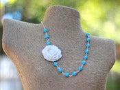 Image of White Pearlesque Flower and Turquoise Swarovski Pearl Asymmetrical Necklace - NA051