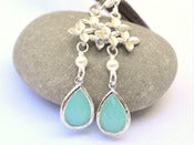 Image of Aqua Teardrop and Cascading Orchid Dangle Earrings with White Swarovski Pearls in Silver - EFA020