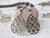 Image of Silver Lace Teardrop and Black Crystal Dangle Earrings - EFA012