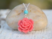 Image of Coral Red Rose and Turquoise Classic and Simple Summer Necklace - NC010