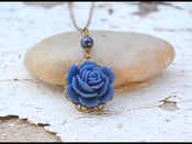 Image of Vintage Style Navy Rose and Navy Blue Pearl Necklace in Antique Brass - NC011