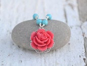 Image of Red Rose and Turquoise Beaded Necklace - Beautiful Summer Fashion Necklace - NC017
